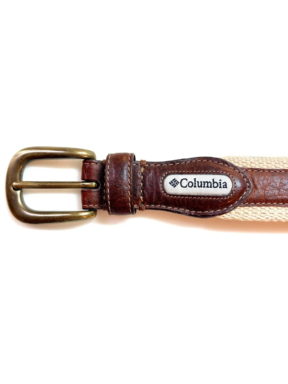 Columbia Canvas Belt Mens 38 Beige Brown Leather Trim Brass Buckle Preppy